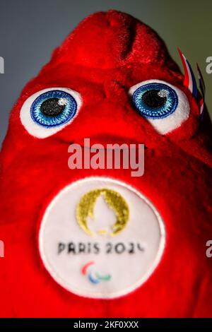 This photograph shows a plush toy representing the mascot of the Paris 2024 Olympic Games 'Les Phryges' on November 15, 2022 in Paris, France - Photo Matthieu Mirville / DPPI Stock Photo