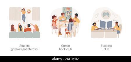 Hobby clubs isolated cartoon vector illustration set. Stand up comedy club, perform on stage, comic book reading, group of teenagers reading, e-sports high school tournament vector cartoon. Stock Vector