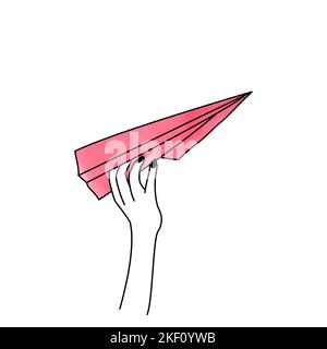 Stylish minimalist fashion icon for social networks, site, highlights. Linear illustration with hand launching paper plane. Female comic hand with a b Stock Vector