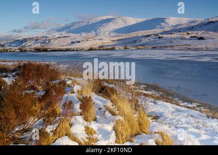 Frozen Lake, Pen y Gwryd, Yr Wyddfa, Snowdonia, North Wales, United Kingdom, Stock Photo