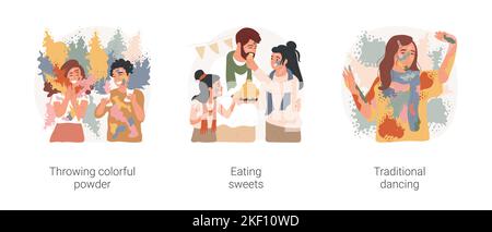 Holi festival isolated cartoon vector illustration set. Young diverse people throwing colorful powder, having fun, eating traditional sweets, dancing at Holi festival, celabration vector cartoon. Stock Vector