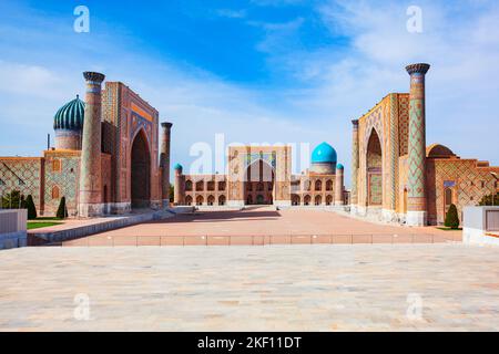 Registan Ulugh Beg Madrasah, Sher Dor Madrasa and Tilya Kori Madrassah is a parts of Registan ancient city, Samarkand in Uzbekistan Stock Photo