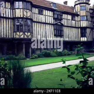 Cloister Court, Queens College, Cambridge, 1979. This is a photograph taken from the original slide. This timber framed building comes under 'Historic England'. Built around 1540, but the building was converted to a half timber finish in 1911. Stock Photo