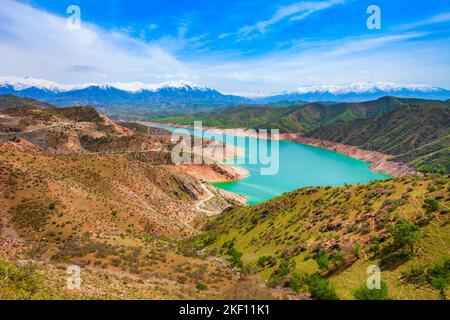 Lake Hisorak is a water reservoir near Shahrisabz city in Uzbekistan Stock Photo