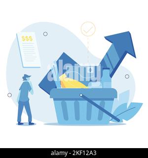 Expensive daily needs. Increase in the price of basic commodities. Managing groceries during a recession. Vector illustration Stock Vector