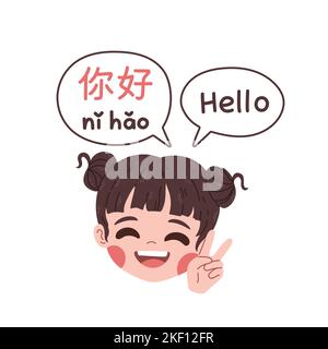 Chinese words cute girl saying hello in Chinese language, learning Chinese language isolated vector Stock Vector