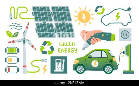 Green energy set isolated on white background, wind generator and solar battery, green energy, electric car and charging Stock Vector
