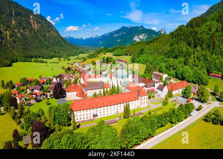 Ettal Abbey aerial panoramic view. Ettal Abbey is a Benedictine monastery in the village of Ettal close to Oberammergau and Garmisch-Partenkirchen in Stock Photo