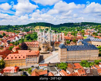 Bamberg old town aerial panoramic view. Bamberg is a town on the river Regnitz in Upper Franconia, Bavaria in Germany. Stock Photo