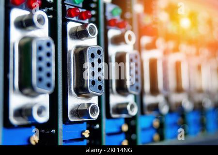 Board with chips, electronic chips, transistors and capacitors close-up. Electronic device detail with selective focus. Background. Import and replace Stock Photo