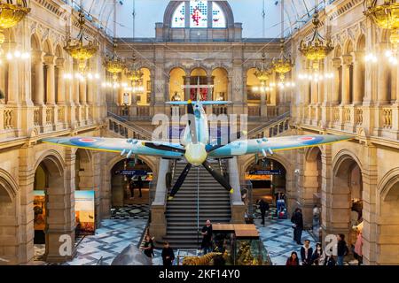 Restored Supermarine Spitfire mk 21, LA198, hanging as a display in the Kelvingrove Museum and Art gallery Glasgow, Scotland, UK. The Spitfire flew wit Stock Photo