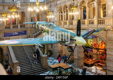 Restored Supermarine Spitfire mk 21, LA198, hanging as a display in the Kelvingrove Museum and Art gallery Glasgow, Scotland, UK. The Spitfire flew wit Stock Photo