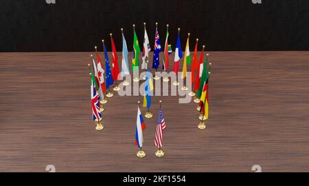 Flags G20 membership , Concept of the G20 summit or meeting, G20 countries, Group of Twenty members, 3d illustration and 3d work Stock Photo