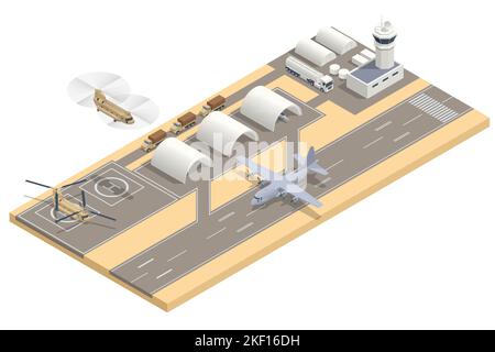 Isometric military fighter jet aircrafts, large military transport aircraft, helicopter gunship, attack helicopter parked. Military air force base Stock Vector