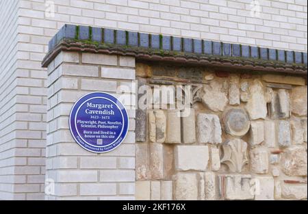 Blue plaque for Margaret Cavendish, a prolific author of the 17th century and wife of the 1st Duke of Newcastle upon Tyne, William Cavendish. Stock Photo