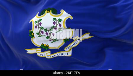 Close-up view of the Connecticut State flag waving in the wind. Fabric textured background. Selective focus. Seamless loop in slow motion. 3D render Stock Photo