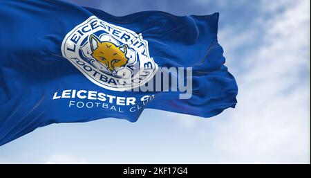 Leicester, UK, Oct. 2022: Leicester City FC flag waving. Leicester City