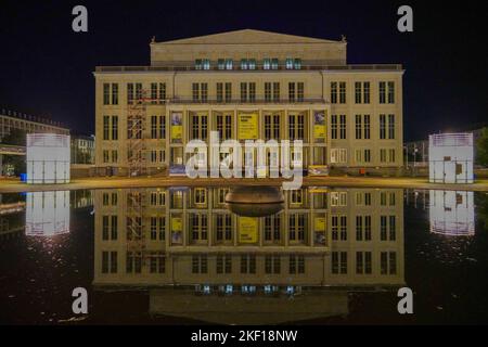 Opera Leipzig at Night. Reglexion of the building in the water of a well. Stock Photo