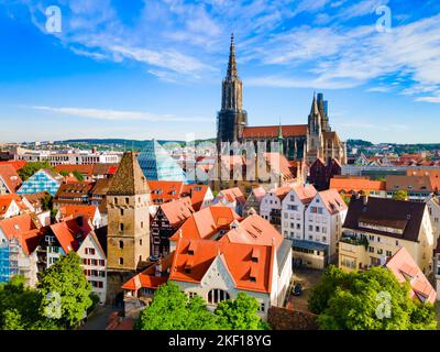 Metzgerturm Tower and Ulm Minster or Ulmer Munster Cathedral, a Lutheran church located in Ulm, Germany. It is currently the tallest church in the wor Stock Photo