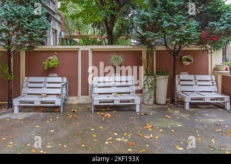 Three White Bench Seats Made From Used Cargo Pallets Upcycling Creative Gaden Stock Photo
