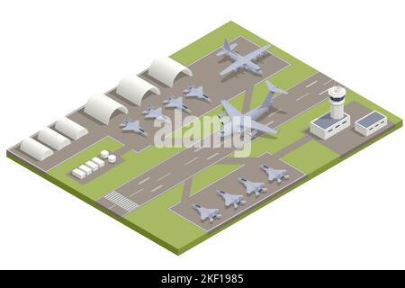 Isometric military fighter jet aircrafts, large military transport aircraft, parked. Military air force base army facilities with hangars Stock Vector