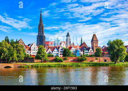 Metzgerturm Tower, Ulm Minster Church or Ulmer Munster Cathedral and Danube river in Ulm old town. Ulm Minster Church is currently the tallest church Stock Photo