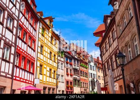 Weissgerbergasse street with colorful timber frame or fachwerk houses in Nuremberg old town. Nuremberg is the second largest city of Bavaria state in