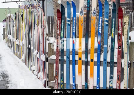 A fence made from downhill skis, Ennis, Montana, USA Stock Photo