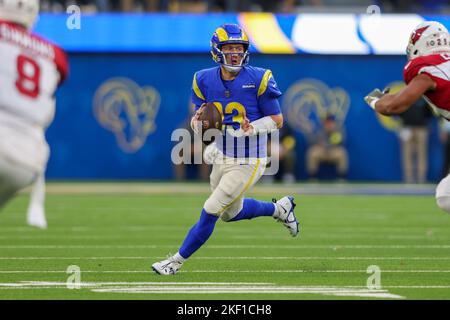 Los Angeles Rams quarterback John Wolford 13 rolls out of the