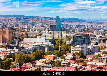 Tbilisi old town aerial panoramic view. Tbilisi is the capital and the largest city of Georgia, lying on the banks of the Kura River. Stock Photo