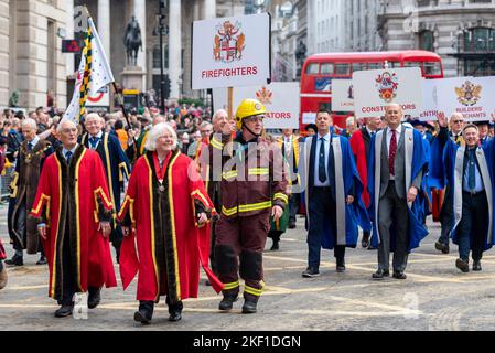 Modern Livery Companies groups at the Lord Mayor's Show parade in the City of London, UK. Firefighters Stock Photo