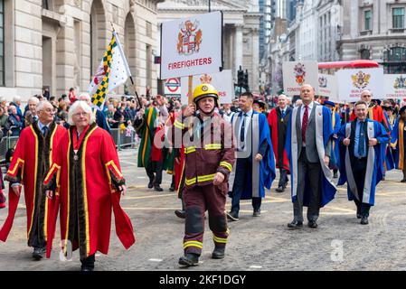 Modern Livery Companies groups at the Lord Mayor's Show parade in the City of London, UK. Firefighters Stock Photo