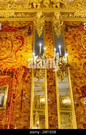 SAINT PETERSBURG, RUSSIA-AUGUST 12, 2015: Interior of the Catherine Palace, Amber Room,The former Imperial Palace. The building was founded in 1717 by Stock Photo