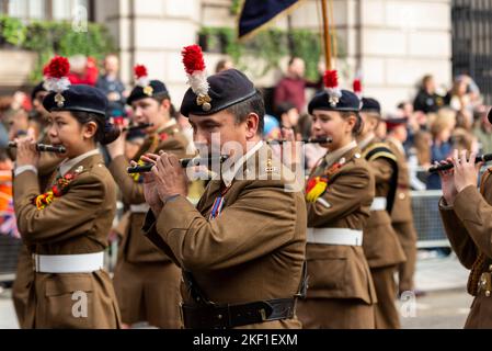 The Royal Regiment of Fusiliers band at the Lord Mayor's Show parade in the City of London, UK. Combined Cadet Force Stock Photo