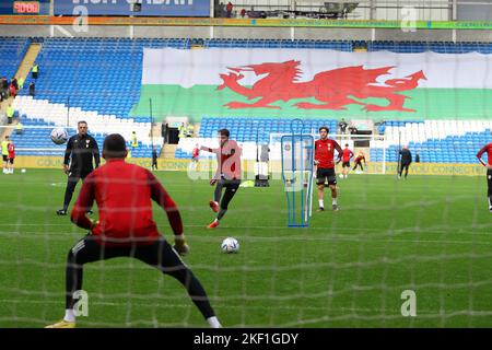 Cardiff, UK. 15th Nov, 2022. Neco Williams of Wales shoots at goal during the Wales football team open training at the Cardiff city stadium in Cardiff, Wales on Tuesday 15th November 2022. The team are preparing for FIFA World Cup which starts next week. Editorial use only, pic by Andrew Orchard/Andrew Orchard sports photography/Alamy Live news Credit: Andrew Orchard sports photography/Alamy Live News Stock Photo