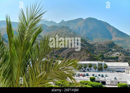 Car park of Mojacar village on background, lush green palm tree leaves on foreground. Europe, Almeria, Spain Stock Photo