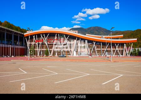 Sochi, Russia - October 06, 2020: Rosa Khutor railway station building is a railway station in Adler District of Sochi resort city in Russia Stock Photo