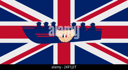 Boat on UK flag with with handshake on flag of France. Concept, immigration, Channel crossing, small boats, asylum seekers, border control, sea... Stock Photo