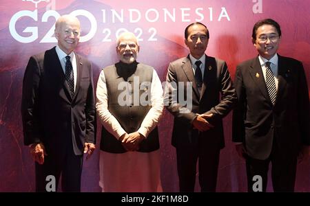 Nusa Dua, Indonesian. 15th Nov, 2022. Nusa Dua, Indonesian. 15 November, 2022. Left to right: U.S. President Joe Biden, Indian Prime Minister Narendra Modi, Indonesian President Joko Widodo, and Japanese Prime Minister Fumio Kishida, pose together before the start of the before the Partnership for Global Infrastructure and Investment meeting at the G20 Leaders Summit, November 15, 2022, in Bali, Indonesia. Credit: Press Information Bureau/PIB Photo/Alamy Live News Stock Photo