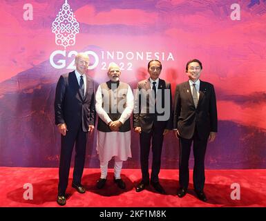 Nusa Dua, Indonesian. 15th Nov, 2022. Nusa Dua, Indonesian. 15 November, 2022. Left to right: U.S. President Joe Biden, Indian Prime Minister Narendra Modi, Indonesian President Joko Widodo, and Japanese Prime Minister Fumio Kishida, pose together before the start of the before the Partnership for Global Infrastructure and Investment meeting at the G20 Leaders Summit, November 15, 2022, in Bali, Indonesia. Credit: Press Information Bureau/PIB Photo/Alamy Live News Stock Photo