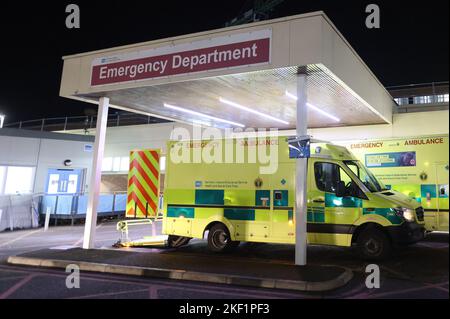 A general view of the Accident and Emergency department at Craigavon Area Hospital near Belfast. The hospital has become the latest health facility to appeal for support in freeing up beds. It was described as operating under extreme pressure on Tuesday evening, with 138 patients waiting in emergency department (ED) and ambulances queued outside. The Southern Health Trust has asked for all patients and families to support the hospital by freeing up beds required for very sick patients. Picture date: Tuesday November 15, 2022. Stock Photo