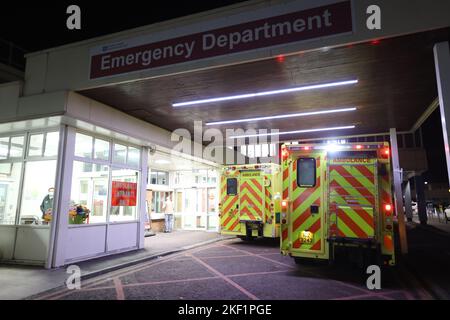 A general view of the Accident and Emergency department at Craigavon Area Hospital near Belfast. The hospital has become the latest health facility to appeal for support in freeing up beds. It was described as operating under extreme pressure on Tuesday evening, with 138 patients waiting in emergency department (ED) and ambulances queued outside. The Southern Health Trust has asked for all patients and families to support the hospital by freeing up beds required for very sick patients. Picture date: Tuesday November 15, 2022. Stock Photo