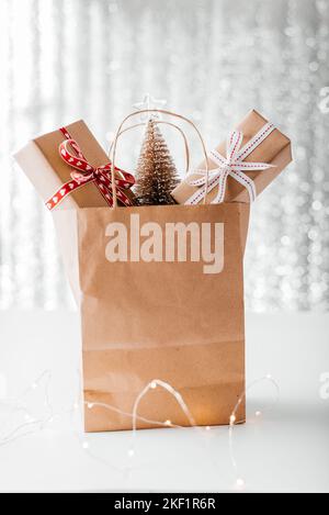 brown shopping bag paper with gift boxes Stock Photo
