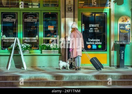 Gdansk, Poland - 11 March, 2022: Tourist with a small dog at the entrance to a bar in Gdansk. Travel Stock Photo