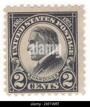 USA - 1923 September 1: An 2 cents black postage stamp depicting portrait of Warren Gamaliel Harding. 29th president of the United States, serving from 1921 until his death in 1923. A member of the Republican Party, he was one of the most popular sitting U.S. presidents. After his death, a number of scandals were exposed, including Teapot Dome, as well as an extramarital affair with Nan Britton, which diminished his reputation. Harding lived in rural Ohio all his life, except when political service took him elsewhere Stock Photo