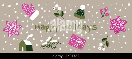 Happy holidays icons elements banner card with stars, mistle toes and other christmas elements - horizontal Vector illustration Stock Vector