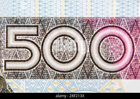 Macro photo shot of Polish PLN number 500 banknote, shallow depth of field. Stock Photo