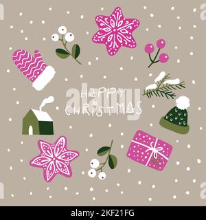 Happy holidays icons elements banner card with stars, mistle toes and other christmas elements - square Vector illustration Stock Vector