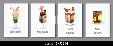 christmas card set with cute winter mugs. Drawn mugs with cocoa and hot chocolate, decorated with cinnamon sticks, cream and Christmas caramel. Cozy w Stock Vector