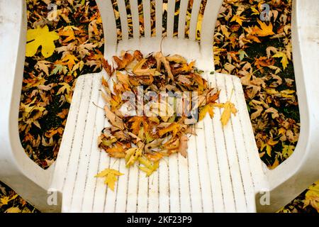Autumn fallen leaves collect on an old plastic lawn chair in the back yard Stock Photo
